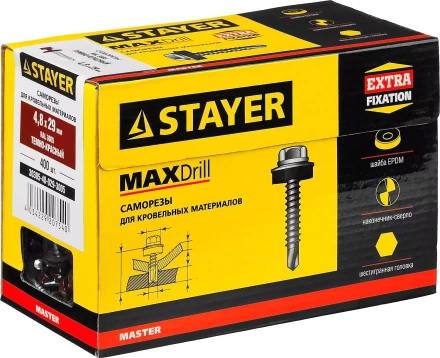 Саморезы СКД кровельные, RAL 3005 темно-красный, 29 x 4.8 мм, 400 шт, для деревянной обрешетки, STAYER 30305-48-029-3005 купить в Губкинске