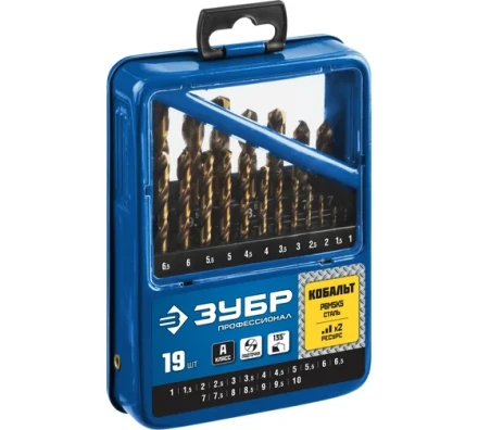 ЗУБР Кобальт, 19 шт, (1-10 мм), сталь Р6М5К5, класс А, мет.бокс, набор сверл по металлу, Профессионал (29626-H19) купить в Губкинске