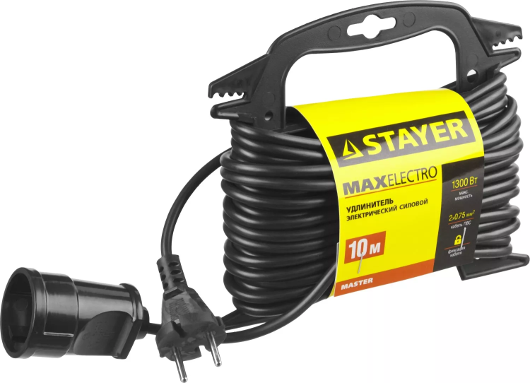Удлинитель электрический "MAXElectro" на маленькой рамке, 10 м, 1 гнездо, STAYER 55014-10 купить в Губкинске