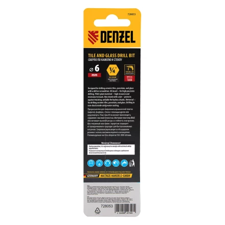 Сверло по керамической плитке 6 мм Denzel, крестовая пластина, шестигранный хвостовик, 728053 купить в Губкинске