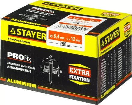 Заклепки PROFIX алюминиевые, 6,4x12мм, 250шт, STAYER Professional 31205-64-12 31205-64-12 купить в Губкинске