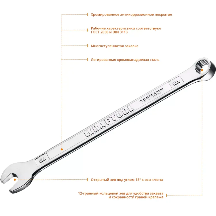 Ключи комбинированные KRAFTOOL, Cr-V, DIN 3113 27079-06 купить в Губкинске