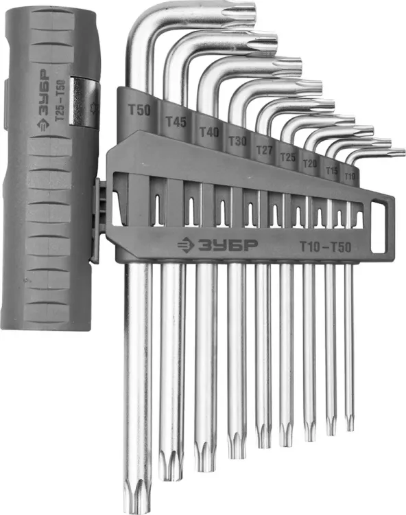Набор ЗУБР Ключи "ЭКСПЕРТ" имбусовые длинные с шариком, Cr-Mo, сатинир. покр., держатель-рукоятка, TORX Т10-Т50, 9 пред 2745-4-1_z01 купить в Губкинске