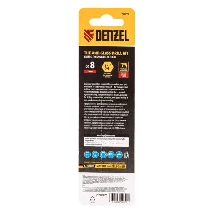 Сверло по керамической плитке Denzel 8 мм, крестовая пластина, шестигранный хвостовик, 728073 купить в Губкинске