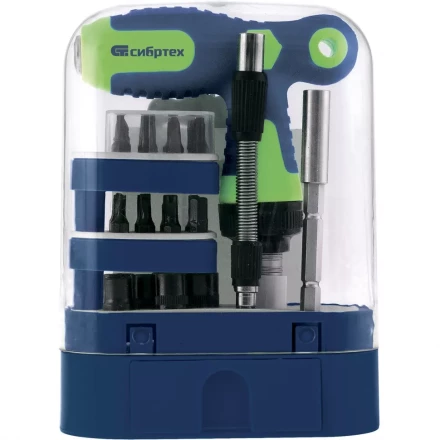 Отвертка Т-образная реверсивная с набором бит торцевых головок 33 предмета CrV Сибртех артикул 13382 купить в Губкинске