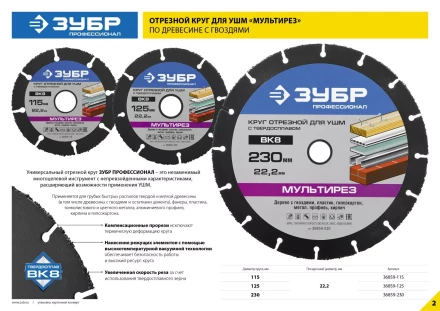 Отрезной круг &quot;МУЛЬТИРЕЗ-ВК8&quot; для УШМ, 230х22,2мм, ЗУБР 36859-230 купить в Губкинске