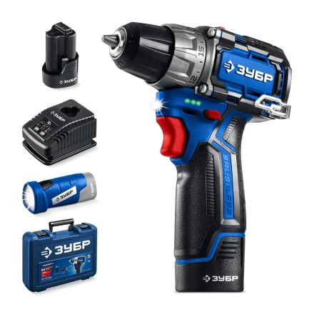 ЗУБР КОМПАКТ #4, набор: дрель-шуруповерт + LED фонарь, BRUSHLESS, 12 В, 45 Н·м, 2 АКБ тип Т7 (2 А·ч), кейс, Профессионал (DB-121-22F) купить в Губкинске