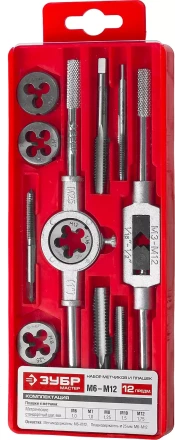 Набор ЗУБР &quot;МАСТЕР&quot; с металлореж. Инстр., метчики однопроходные и плашки М6-М12, оснастка - в пластиковом боксе, 12пред. 28121-H12 купить в Губкинске