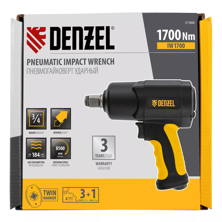 Ударный пневмогайковерт Denzel IW1700, 3/4", 8500 об/мин, 1700 Нм 57488 купить в Губкинске