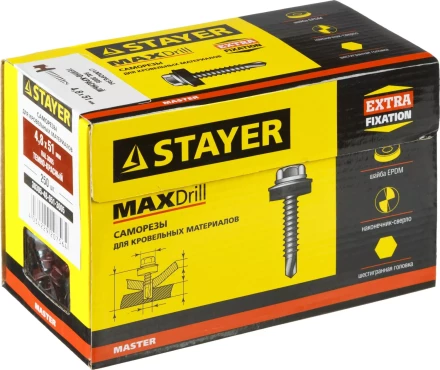 Саморезы СКД кровельные, RAL 3005 темно-красный, 51 х 4.8 мм, 250 шт, для деревянной обрешетки, STAYER 30305-48-051-3005 купить в Губкинске