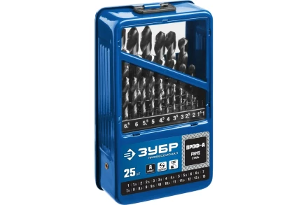 ЗУБР ПРОФ-А, 25 шт, (1-13 мм), сталь Р6М5, класс А, мет.бокс, набор сверл по металлу, Профессионал (29625-H25) купить в Губкинске