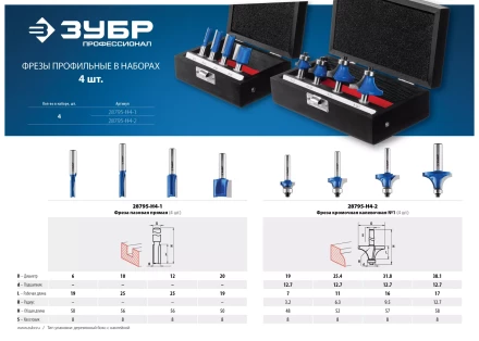 ЗУБР 4 шт, набор профильных фрез по дереву, Профессионал (28795-H4-2) купить в Губкинске