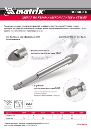Сверло по керамической плитке и стеклу, 5 мм, шестигранный хвостовик Matrix 72834 купить в Губкинске