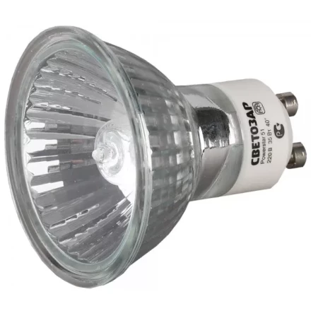 Лампа галогенная СВЕТОЗАР с защитным стеклом, алюм. отражатель, цоколь GU10, диаметр 51мм, 35Вт, 220В SV-44823 купить в Губкинске
