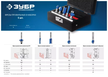 ЗУБР 5 шт, набор профильных фрез по дереву, Профессионал (28795-H5) купить в Губкинске