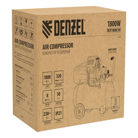 Компрессор воздушный прям. привод Denzel DCV1800/50 58168, 1,8 кВт, 50 литров, 320 л/мин купить в Губкинске