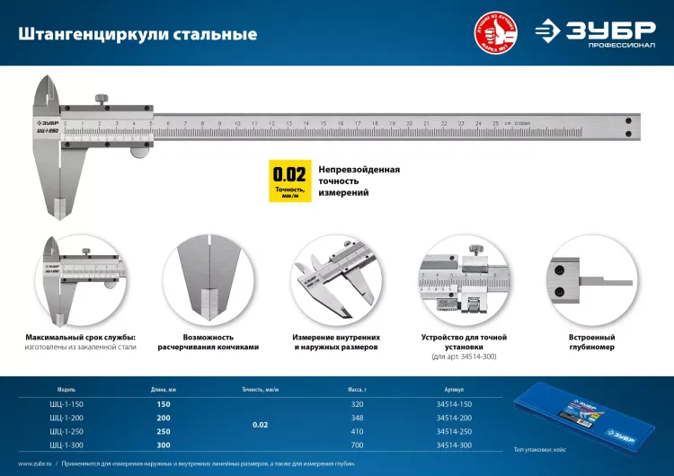 ЗУБР ШЦ-1-200, 200 мм, стальной штангенциркуль, Профессионал (34514-200) купить в Губкинске