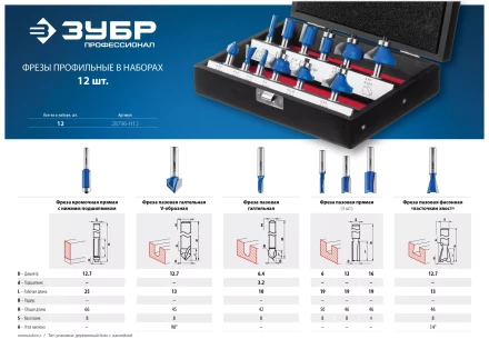 ЗУБР 12 шт, набор профильных фрез по дереву, Профессионал (28796-H12) купить в Губкинске