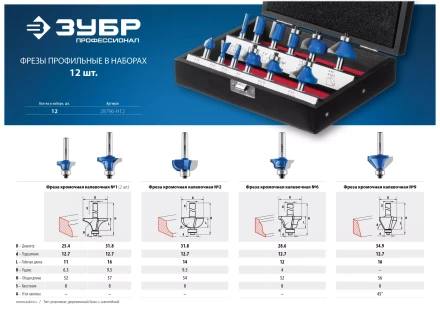 ЗУБР 12 шт, набор профильных фрез по дереву, Профессионал (28796-H12) купить в Губкинске