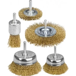 STAYER &quot;PROFESSIONAL&quot;. Набор щеток-крацовок для дрели, витая стальная латунированная проволока 0,3мм, диск. 50,75мм, чаш. 50,75мм, кист. 25мм, 5шт 35157-H5_z01