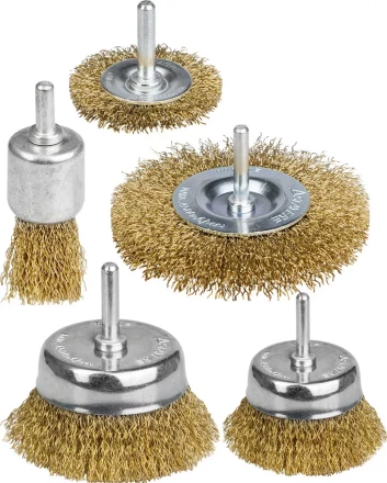 STAYER &quot;PROFESSIONAL&quot;. Набор щеток-крацовок для дрели, витая стальная латунированная проволока 0,3мм, диск. 50,75мм, чаш. 50,75мм, кист. 25мм, 5шт 35157-H5_z01 купить в Губкинске