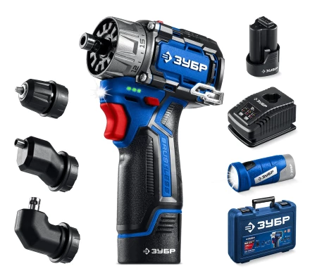 ЗУБР КОМБИ #4, набор: модульная дрель-шуруповерт + LED фонарь, BRUSHLESS, 12 В, 45 Н·м, 2 АКБ тип Т7 (2 А·ч), кейс, Профессионал (DB-125-22F) купить в Губкинске