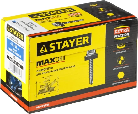 Саморезы СКД кровельные, RAL 5005 синий насыщенный, 51 х 4.8 мм, 250 шт, для деревянной обрешетки, STAYER 30305-48-051-5005 купить в Губкинске