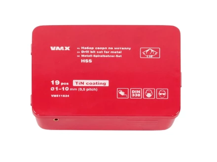 Набор сверл для металла HSS Ф1-10 мм шаг 0,5 мм покрытие TiN 19 штук металлический футляр VMX 511624 купить в Губкинске