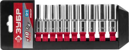 Набор ЗУБР "МАСТЕР": Торцовые головки (1/4") удлиненные на пластиковом рельсе, Cr-V, 4-13мм, 10 предметов 27657-H10 купить в Губкинске