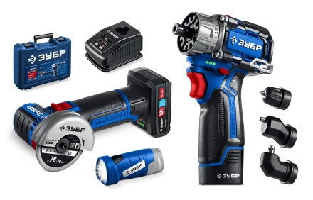 ЗУБР КОМБИ #5 набор: дрель-шуруповерт + мини УШМ + LED фонарь, BRUSHLESS, 12 В, 45 Н·м, 2 АКБ тип Т7 (4 и 2 А·ч), кейс, Профессионал (DB-125-42ABF) купить в Губкинске