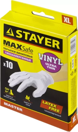 Перчатки STAYER &quot;MASTER&quot; виниловые экстратонкие, XL, 10шт 11208-XL купить в Губкинске