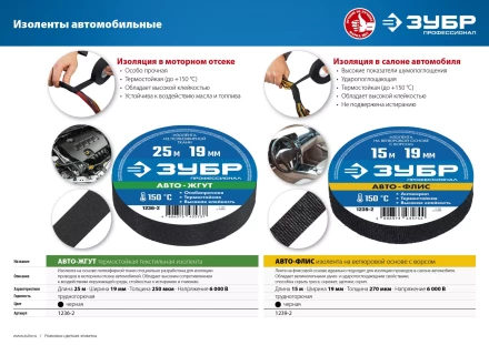 ЗУБР АВТО-ФЛИС, 19 мм х 15 м, черная, изолента на велюровой основе с ворсом, Профессионал (1239-2) купить в Губкинске