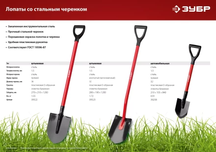 ЗУБР МАСТЕР, 280 х 190 х 1200 мм, полотно 1.5 мм, закалено, стальной изогнутый черенок с рукояткой, штыковая лопата (39523) купить в Губкинске