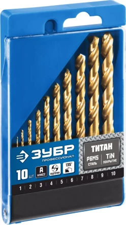 ЗУБР ТИТАН, 10 шт, (1-10 мм), сталь Р6М5, класс А, титановое покрытие, набор сверл по металлу, Профессионал (29615-H10) купить в Губкинске