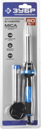 Паяльник ЗУБР &quot;ПРОФЕССИОНАЛ&quot; с двухкомпонентной рукояткой и защитным колпачком в наборе с припоем и подставкой, 60Вт, конус 55402-60_z01 купить в Губкинске