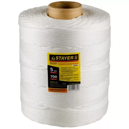 Шнур STAYER &quot;STANDARD&quot; хозяйственно-бытовой, полипропиленовый, вязанный, без сердечника, белый, d 5, катушка 700м 50420-05-700 купить в Губкинске