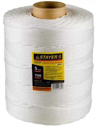 Шнур STAYER &quot;STANDARD&quot; хозяйственно-бытовой, полипропиленовый, вязанный, без сердечника, белый, d 5, катушка 700м 50420-05-700 купить в Губкинске
