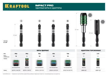 Биты для ударных шуруповертов KRAFTOOL Impact Pro PH 26191-2-50-S10 купить в Губкинске