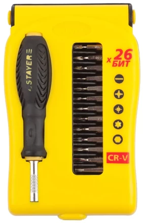 Набор STAYER: Отвертки для точных работ, Cr-V, Cr сменные биты, обрезиненная рукоятка, 28предметов 25614-H28 купить в Губкинске