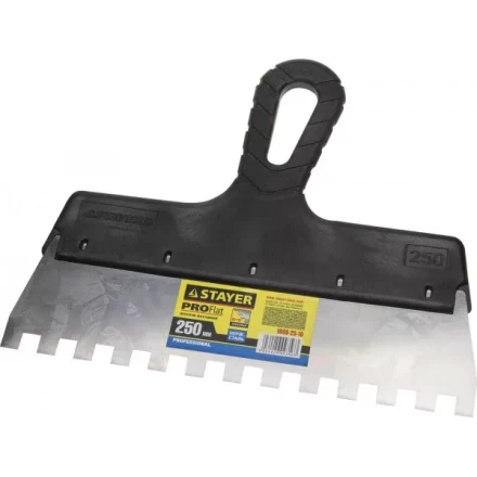 Шпатель STAYER &quot;PROFESSIONAL&quot; нержавеющий зубчатый с пластмассовой ручкой, 250мм, зуб 10х10мм 1009-25-10 купить в Губкинске