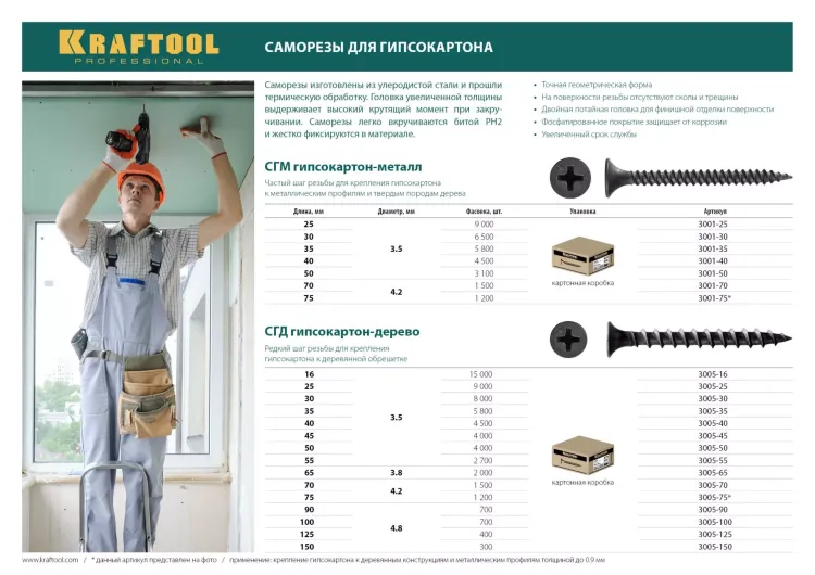 Саморезы СГМ гипсокартон-металл, 40 х 3.5 мм, 4 500 шт, фосфатированные, KRAFTOOL 3001-40 купить в Губкинске