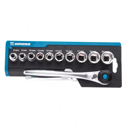 Набор торцевых головок трещотка 120 зубьев 12 предметов 3/8&quot; CrV Gross 14139 купить в Губкинске