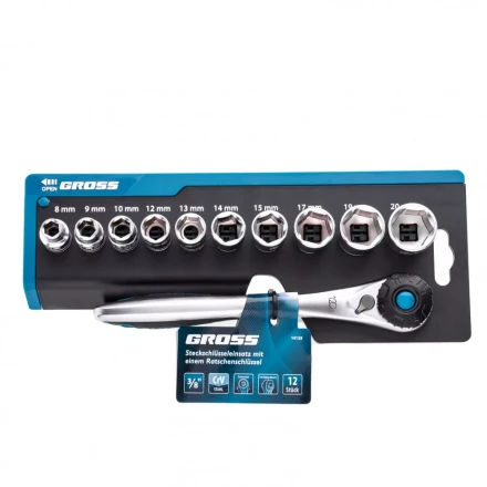 Набор торцевых головок трещотка 120 зубьев 12 предметов 3/8&quot; CrV Gross 14139 купить в Губкинске