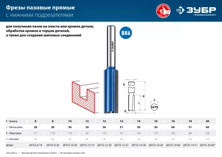 ЗУБР 10 x 30 мм, хвостовик 8 мм, фреза пазовая прямая с нижними подрезателями, Профессионал (28755-10-30) купить в Губкинске