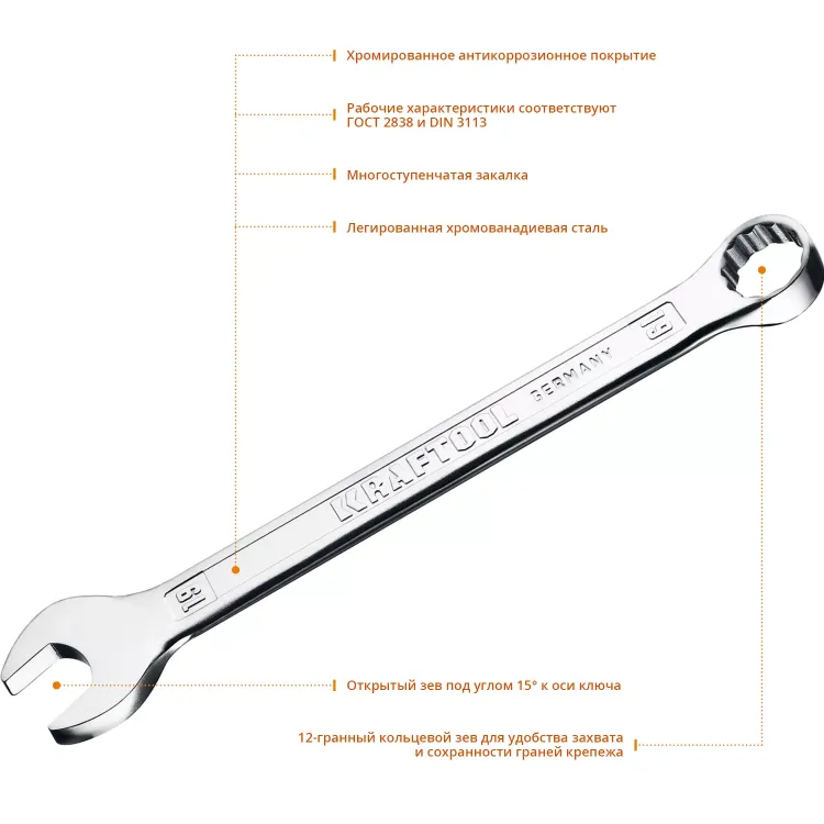 Ключи комбинированные KRAFTOOL, Cr-V, DIN 3113 27079-19 купить в Губкинске