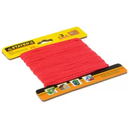 Шнур STAYER &quot;STANDARD&quot; хозяйственно-бытовой, полипропиленовый, вязанный, без сердечника, красный, d 3, 20м 50425-03-020 купить в Губкинске