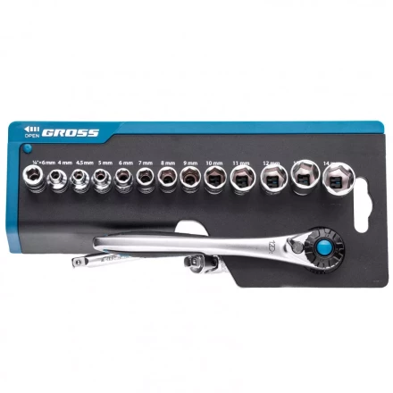 Набор торцевых головок трещотка 120 зубьев 36 предметов 1/4" CrV Gross 14142 купить в Губкинске