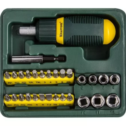 Набор KRAFTOOL Отвертка реверсивная с битами и торцовыми головками, 29 предметов 25556-H29 купить в Губкинске