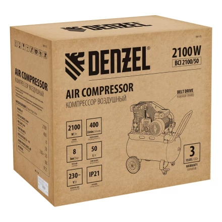 Компрессор воздушный рем. привод Denzel BCI 2100/50, 2,1 кВт, 50 литров, 400 л/мин купить в Губкинске
