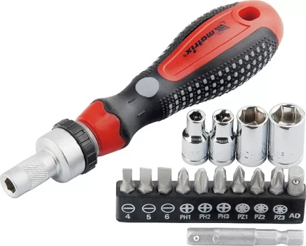 Отвёртка реверсивная с набором бит и насадок торцевых,CrV,1/4",16шт MATRIX 11332 купить в Губкинске